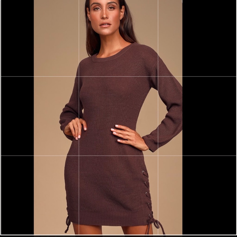 Lalianna Dusty Purple Balloon Sleeve Lace-Up Sweater Dress - Picture 2 of 5